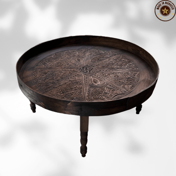 Moroccan Carved Mida Table With Rim and Legs/ Amazigh style. 1 Round Coffee table Moroccan Carved Mida Table With Rim and Legs/ Amazigh style.