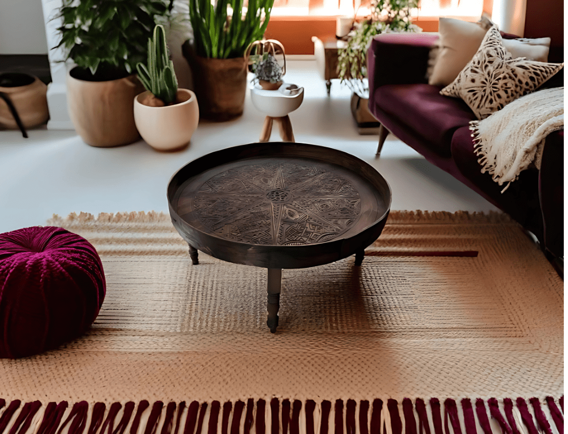 Moroccan Carved Mida Table With Rim and Legs/ Amazigh style. 16 Round Coffee table Carved Round Moroccan Coffee Table
