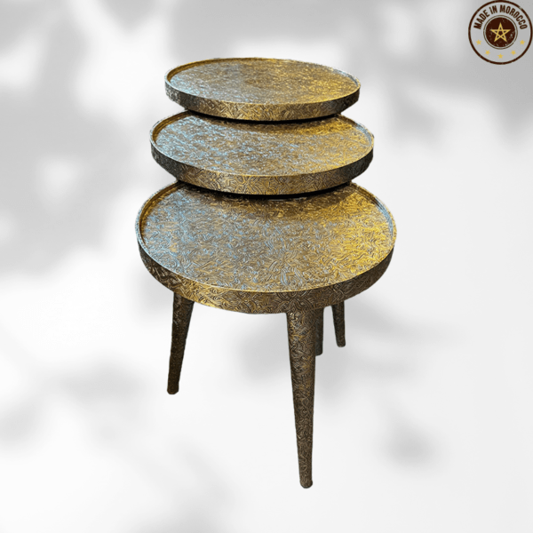 Set of 3 Moroccan Brass Coffee Tables/ Andalusian Style. 1 brass coffee table Set of 3 Moroccan Brass Coffee Tables/ Andalusian Style.