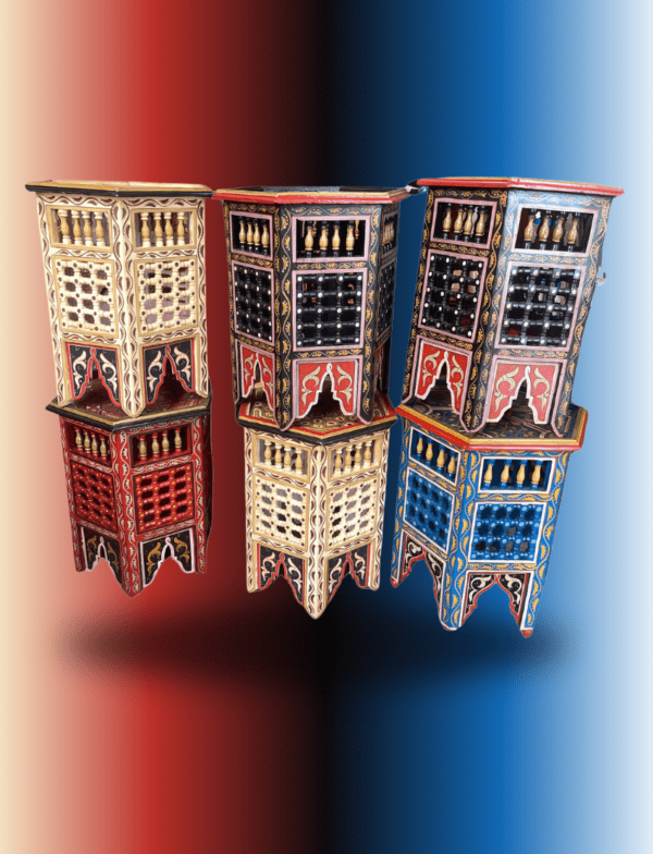 14 Flavor Variants Painted Moroccan Table With Mashrabiya/ Geometric Lining/ Floral Motif/ Andalusian Style. 2 painted moroccan side table 14 Flavor Variants Painted Moroccan Table With Mashrabiya/ Geometric Lining/ Floral Motif/ Andalusian Style.