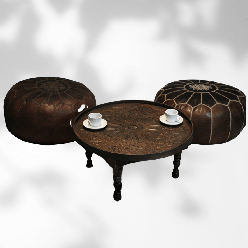 Moroccan Carved Mida Table With Legs/ Amazigh- Andalusian Style/ Geometric Lining. 3 Small round coffee table handmade in Morocco from cedar wood with painted finish