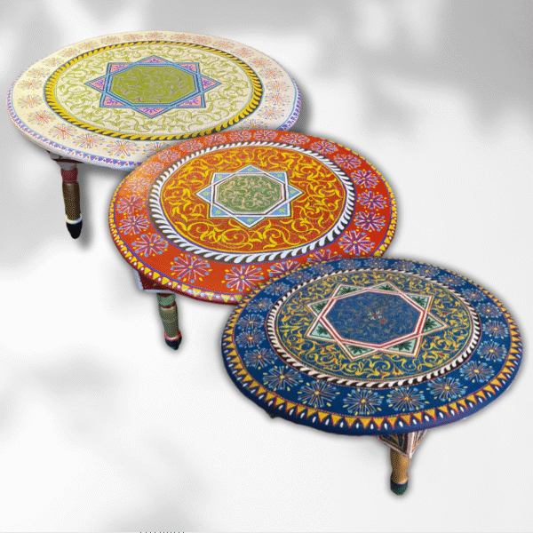 3 Flavor Variants Moroccan Painted Basse Table/ Andalusian Style. 1 round basse table 3 Flavor Variants Moroccan Painted Basse Table/ Andalusian Style.