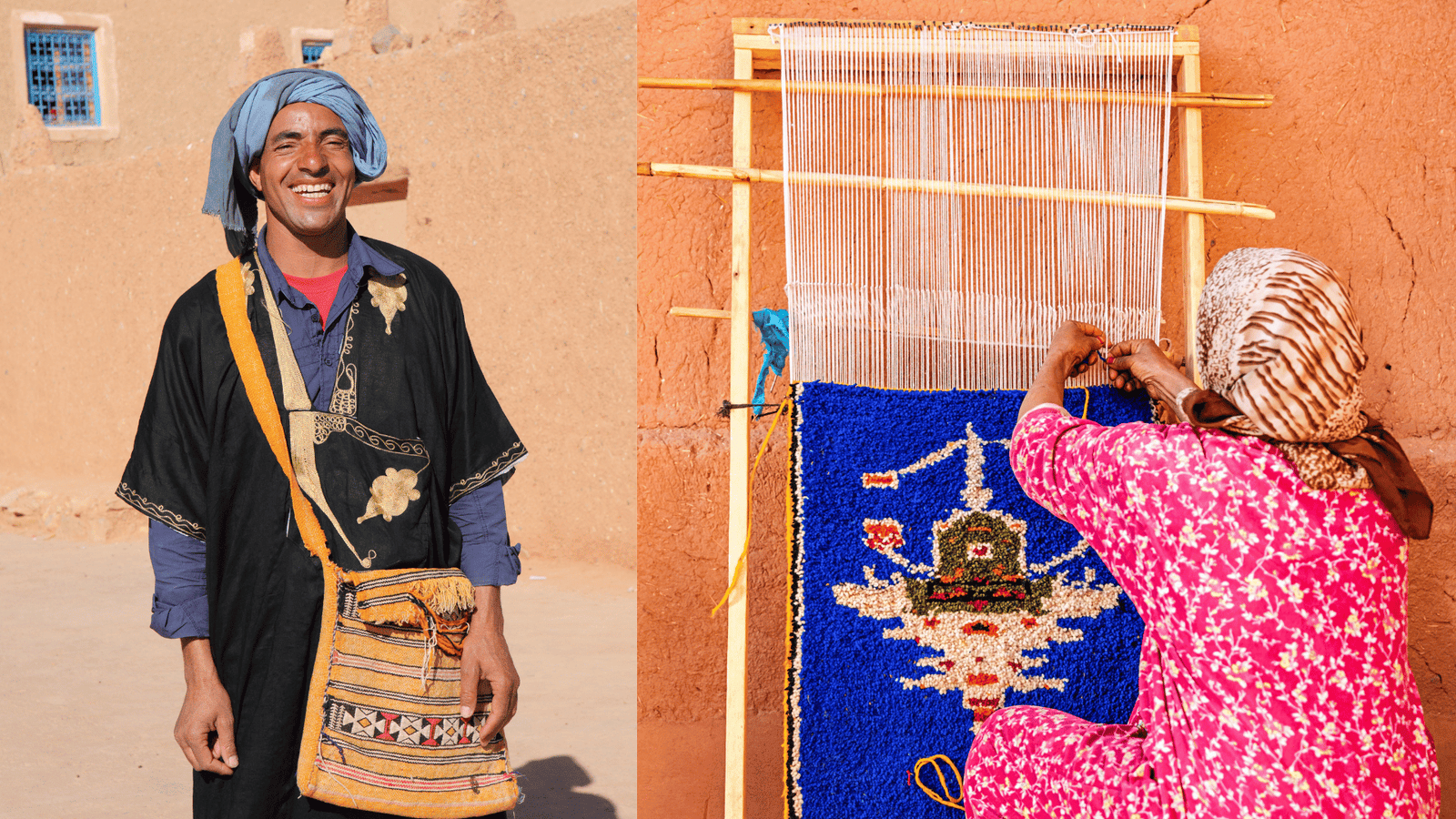 The Amazigh People of Morocco: A Journey Through History and Identity 1 Amazigh people Amazigh man smiling and Amazigh woman weaving a traditional Moroccan rug, preserving indigenous craftsmanship.