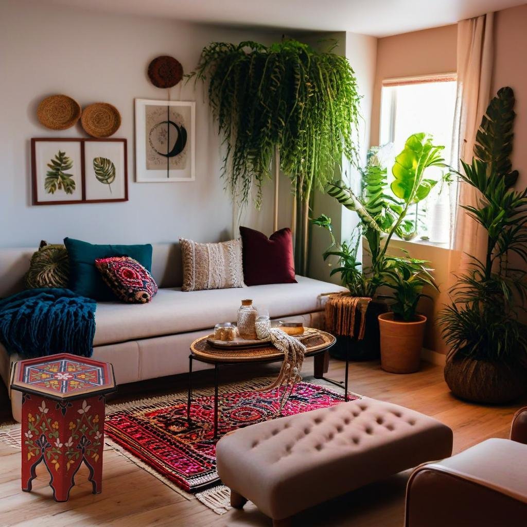 Boho Home Styling: A Soulful Guide to Moroccan-Inspired Interiors 34 Boho home styling Painted Moroccan coffee table featuring traditional patterns—perfect for Boho home styling.