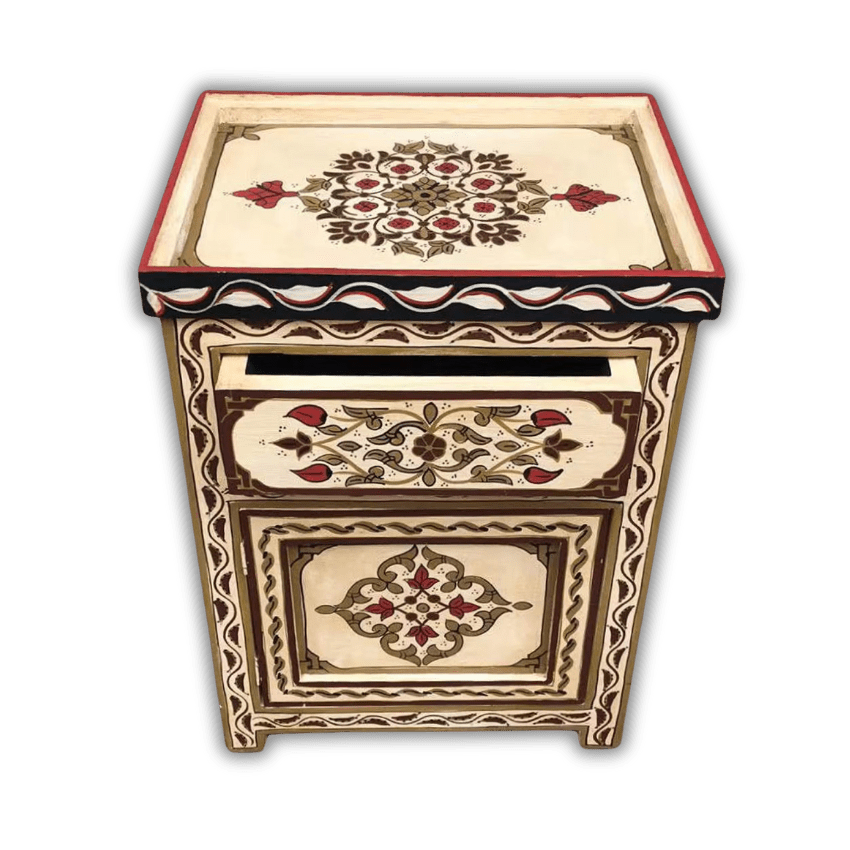Moroccan Painted Boho-style Moroccan nightstand in cream and red tones – elegant choice for side tables near me seekers