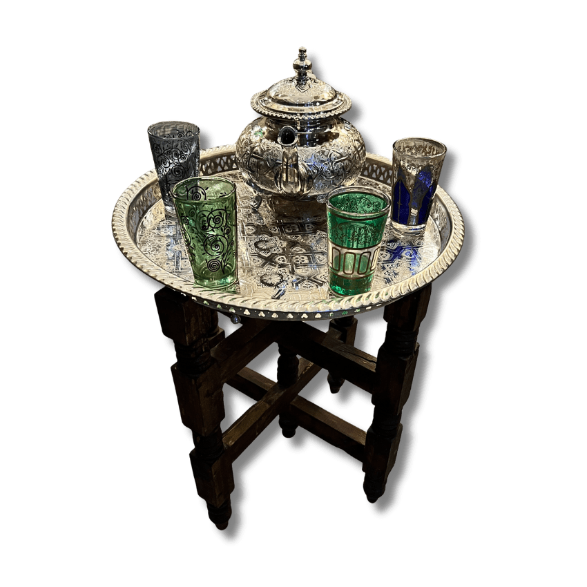 Moroccan Folding Tea Table / Brass Tray Table 14 folding tea table Moroccan folding tea table with brass tray and wooden base handcrafted by artisans