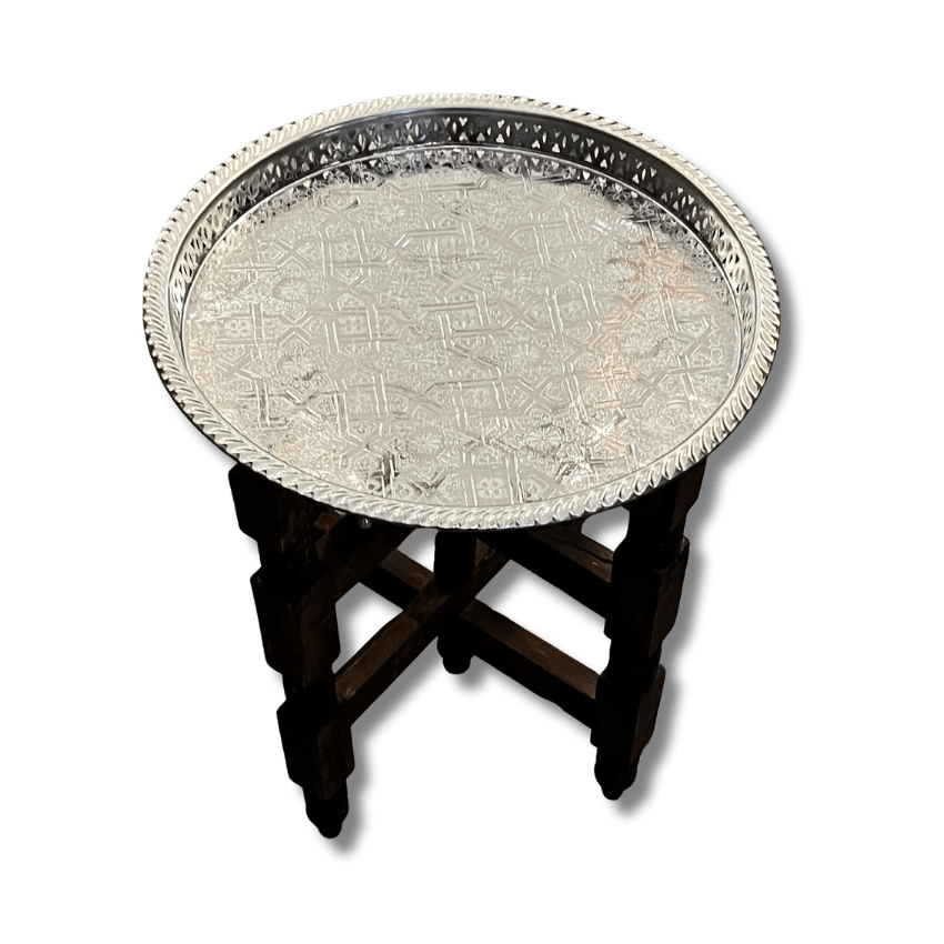 Moroccan Folding Tea Table / Brass Tray Table 15 folding tea table Moroccan folding tea table with brass tray and wooden base handcrafted