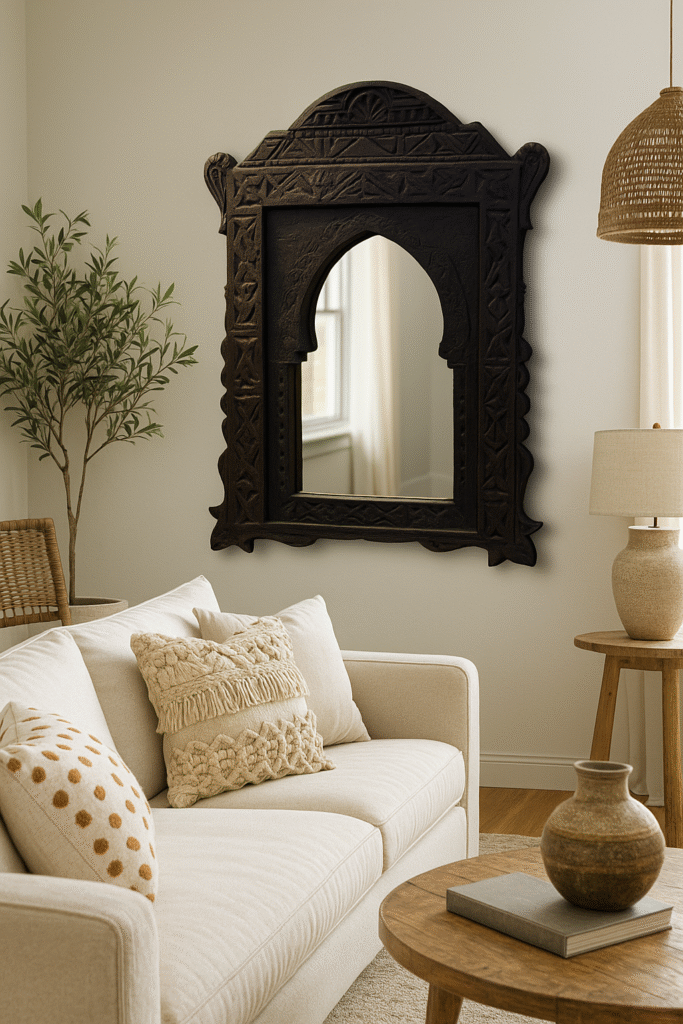 How to Choose the Perfect Wall Mirror for Your Space 21 Wall Mirror A Moroccan wall mirror arched styled in a cozy living room space, enhancing light and decor