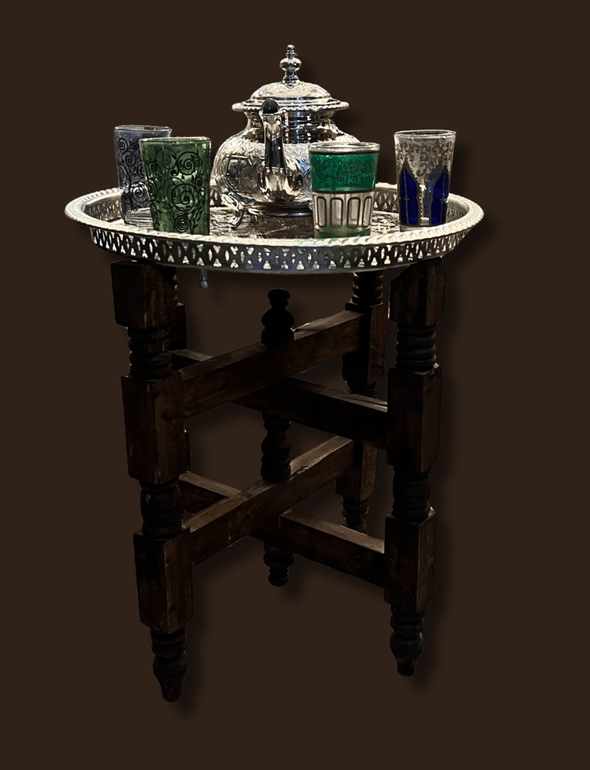 Moroccan Folding Tea Table / Brass Tray Table 12 folding tea table Moroccan folding tea table with brass tray and wooden base handcrafted by artisans