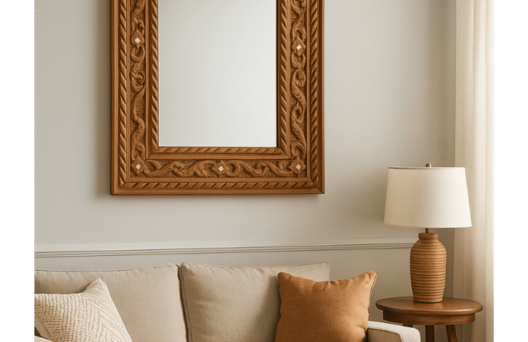 A Moroccan wall mirror styled in a cozy living room space, enhancing light and decor
